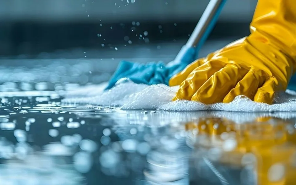 Cleaner using protective gloves to scrub a floor.