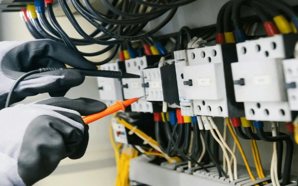 Electrician checking an electrical panel with a test meter.